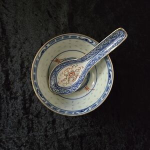 Blue & White Floral Porcelain Bowl with Matching Spoon
